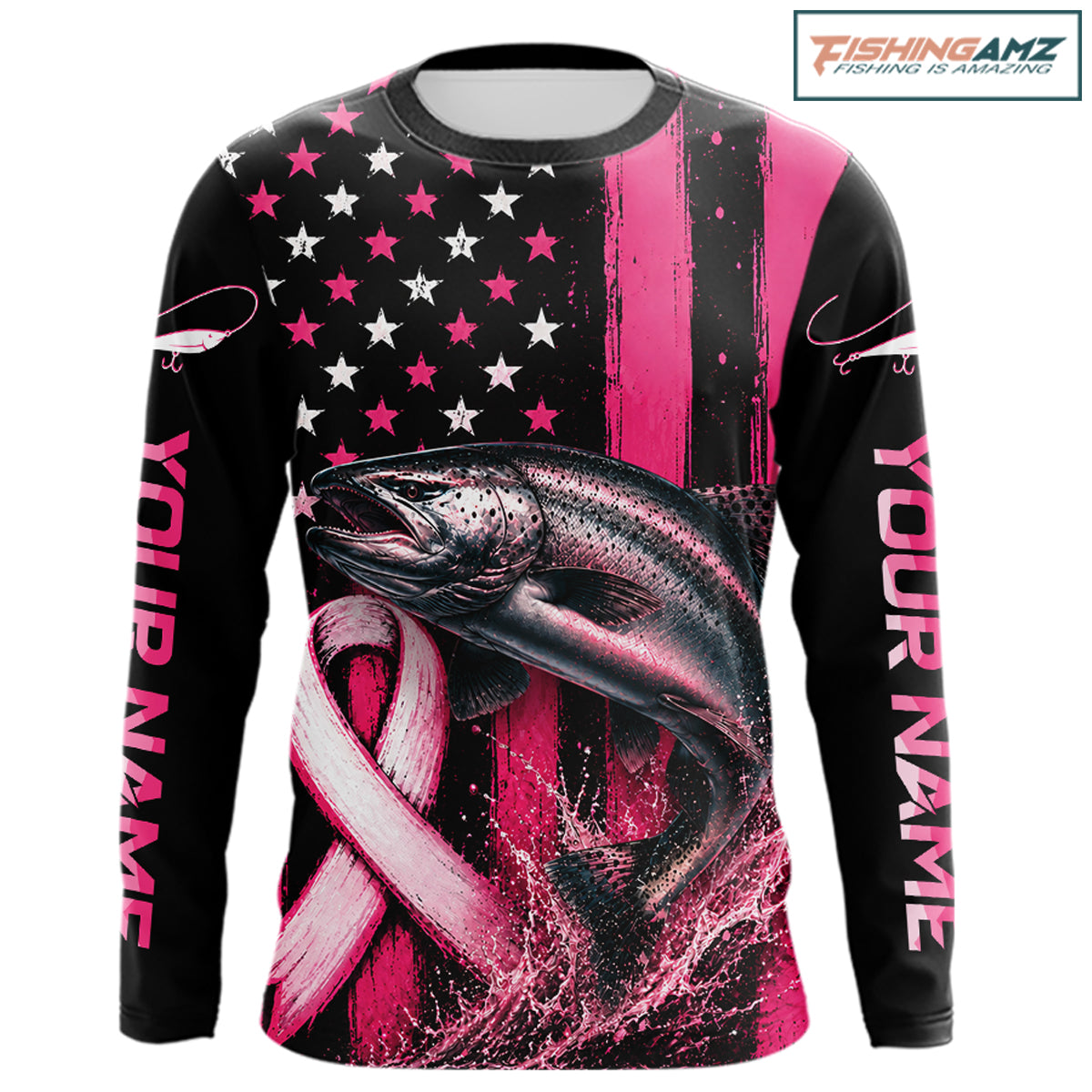 A long-sleeve black shirt with a pink and white patriotic fishing graphic, featuring a salmon, an American flag with stars, a pink ribbon, and 'YOUR NAME' printed down both sleeves.