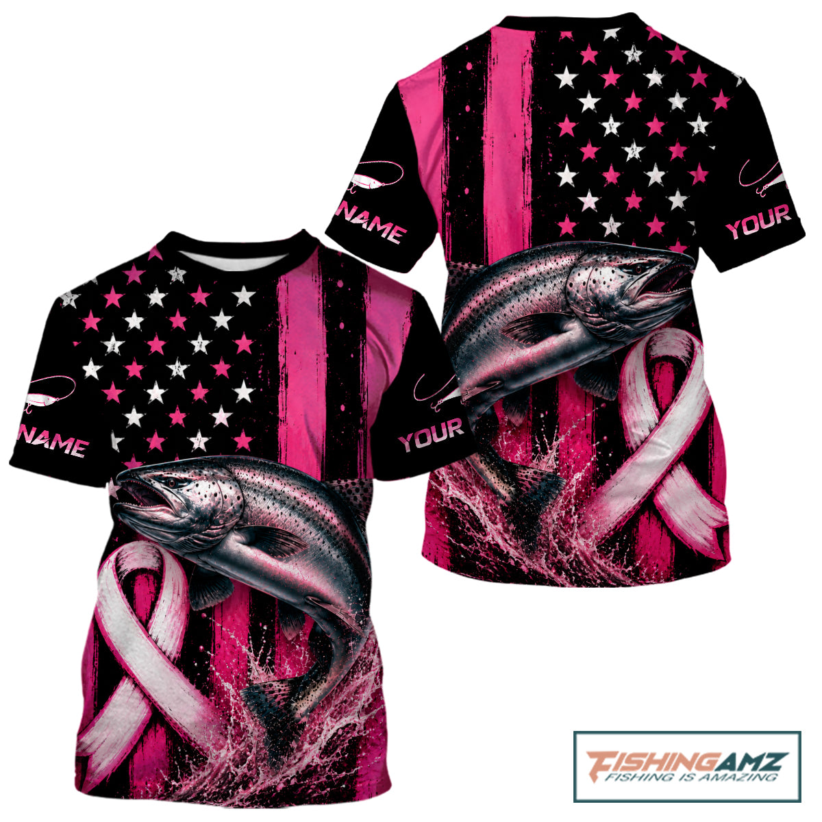 A short-sleeve graphic t-shirt featuring a pink and black American flag design with a large trout jumping over a pink ribbon, on a white background. The shirt has customizable text placeholders 'NAME' and 'YOUR' on the sleeves