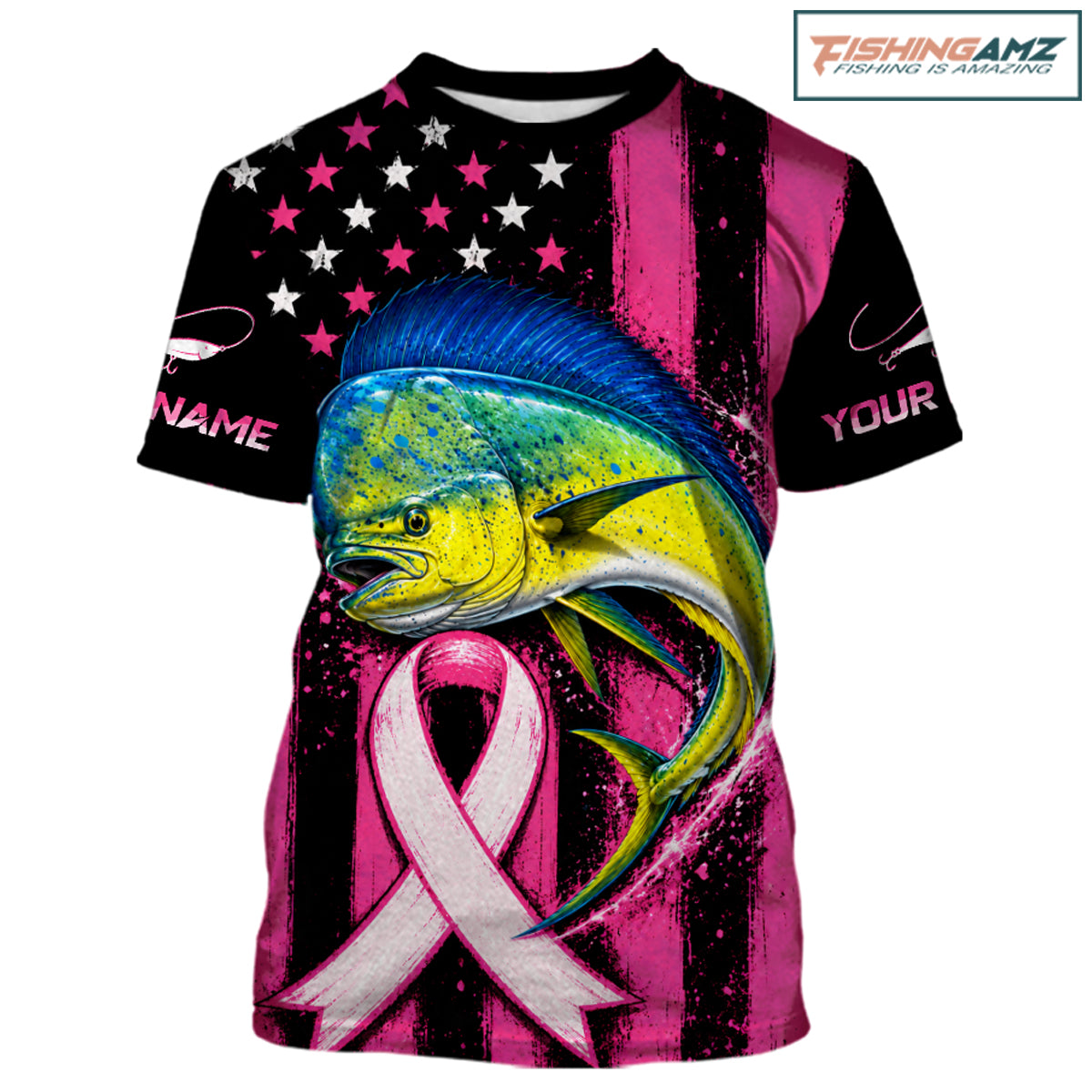 A customizable short-sleeve t-shirt with a 3D graphic print featuring a yellow and blue mahi-mahi fish over a pink and black striped background with a pink awareness ribbon. The shirt has placeholder text 'NAME' and 'YOUR' on the sleeves