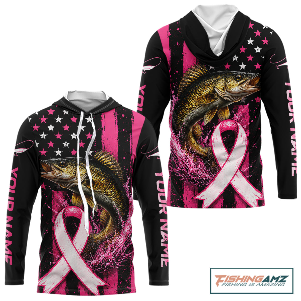 A long-sleeve hooded shirt with a custom graphic print featuring a walleye, a pink and white awareness ribbon, and a black-and-pink American flag background. The sleeves have placeholder text reading 'YOUR NAME', and a 'FishingAmz' logo is visible in the top right corner.