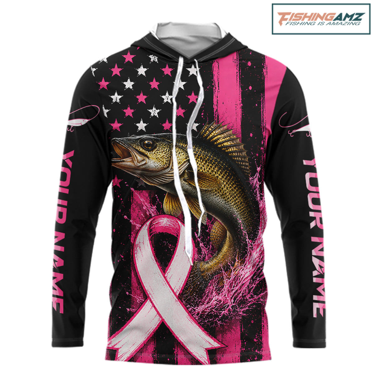 A long-sleeve hooded shirt with a custom graphic print featuring a walleye, a pink and white awareness ribbon, and a black-and-pink American flag background. The sleeves have placeholder text reading 'YOUR NAME', and a 'FishingAmz' logo is visible in the top right corner.