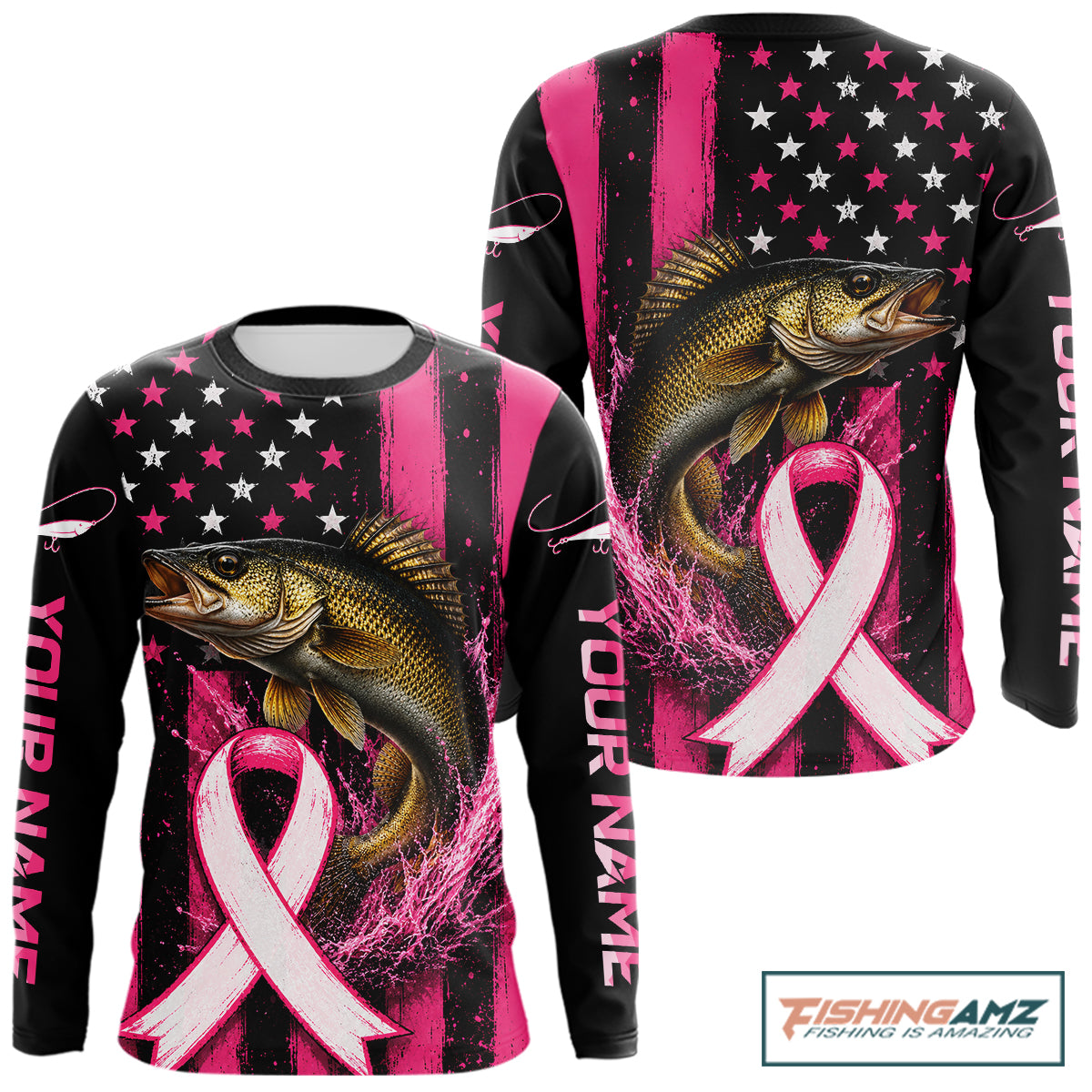 A long-sleeve custom graphic shirt featuring a large bass fish, a pink awareness ribbon, and a black-and-pink American flag design. The sleeves have placeholder text reading 'YOUR NAME' and a 'FishingAmz" logo appears in the top right corner.