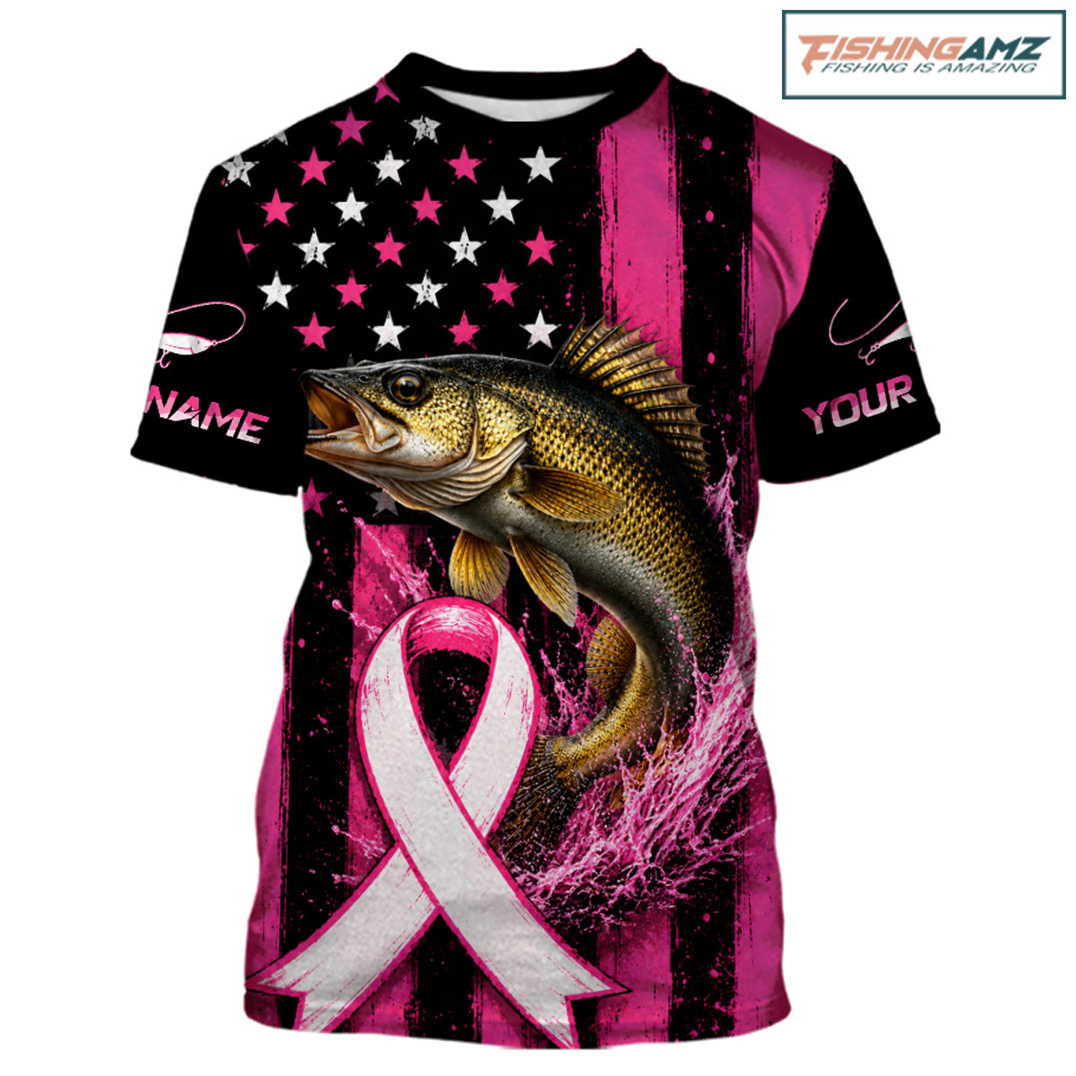 A short-sleeve graphic t-shirt featuring a pink and black American flag design with a large bass fish jumping over a pink-and-white awareness ribbon. The shirt has customizable text placeholders on the sleeves