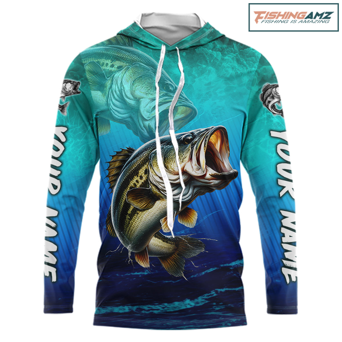 Custom Name Teal Blue Bass Fishing Jersey - Personalized 3D Long Sleeve Hooded Fishing Shirt