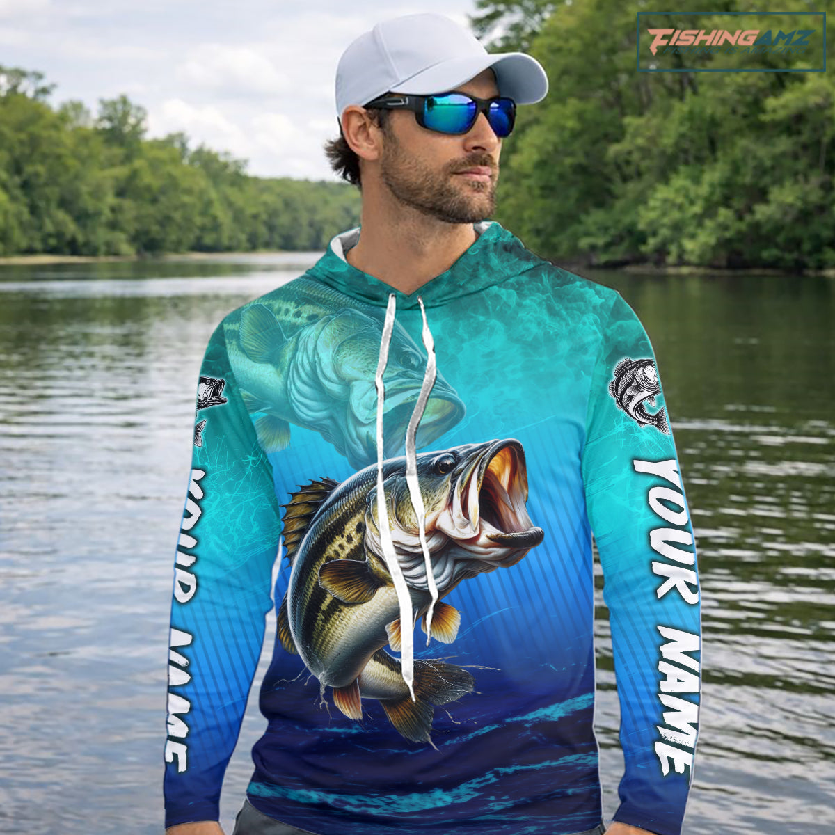 Custom Name Teal Blue Bass Fishing Jersey - Personalized 3D Long Sleeve Hooded Fishing Shirt