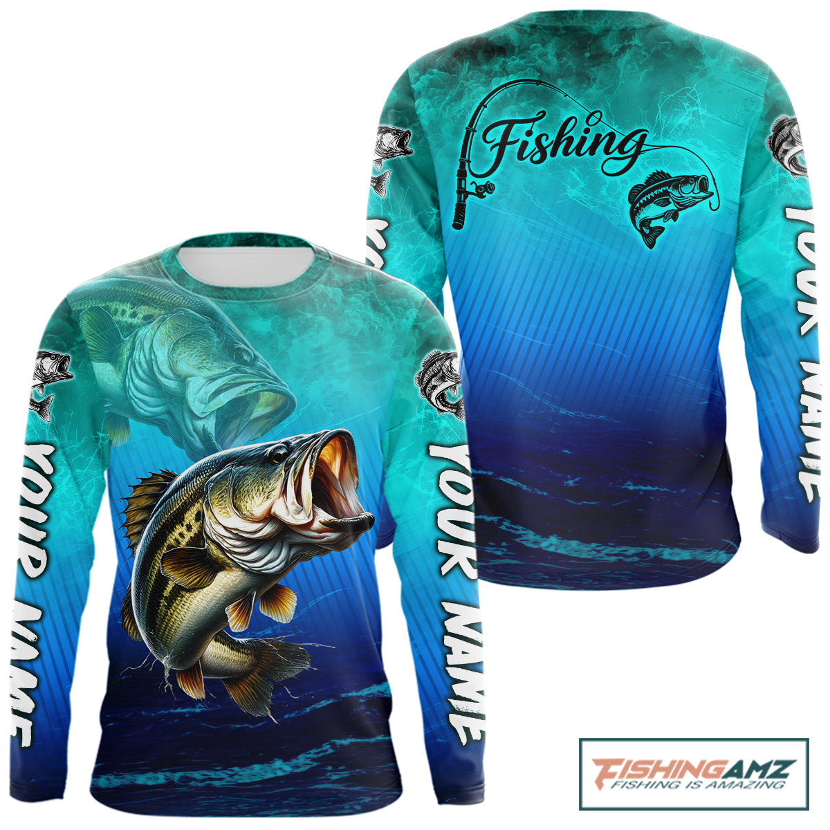 Custom Name Teal Blue Bass Fishing Jersey - Personalized 3D Long Sleeve Fishing Shirt