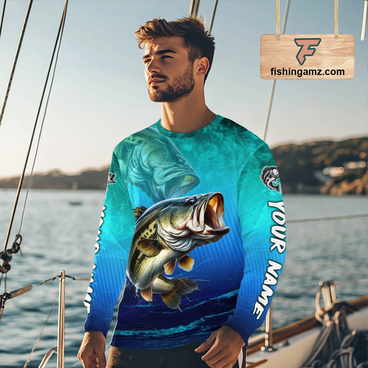 Custom Name Teal Blue Bass Fishing Jersey - Personalized 3D Long Sleeve Fishing Shirt