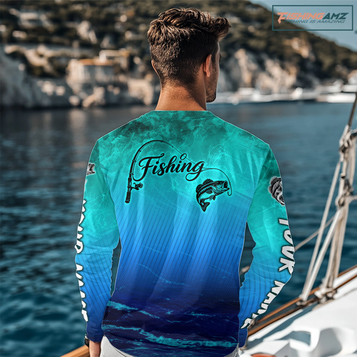 Custom Name Teal Blue Bass Fishing Jersey - Personalized 3D Long Sleeve Fishing Shirt