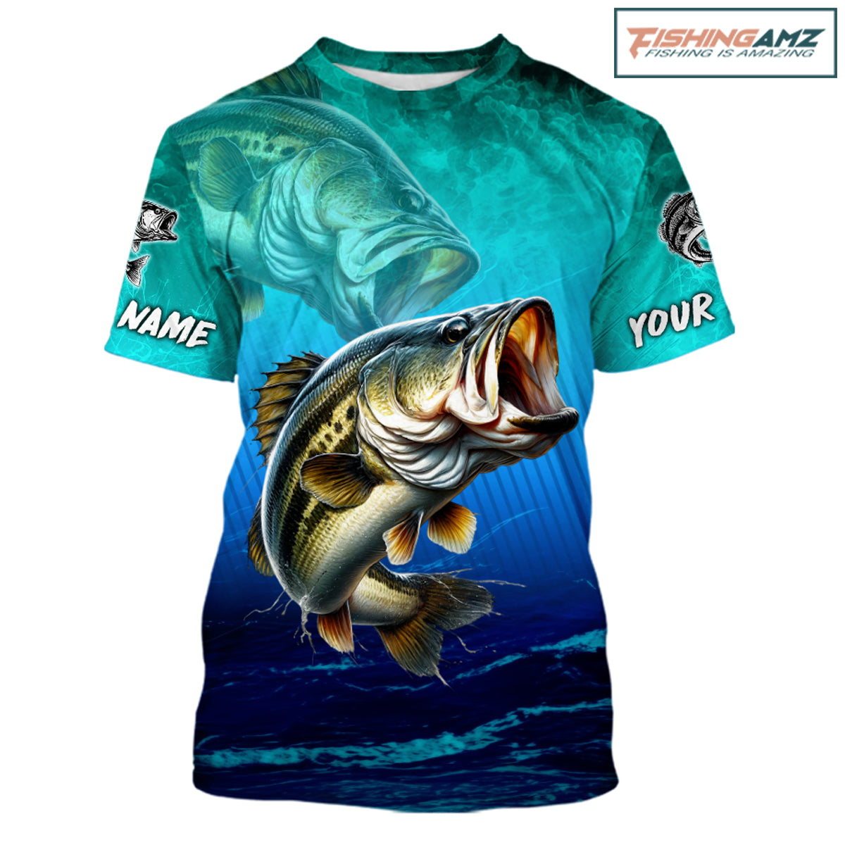 Custom Name Teal Blue Bass Fishing Jersey - Personalized 3D Fishing T - Shirt