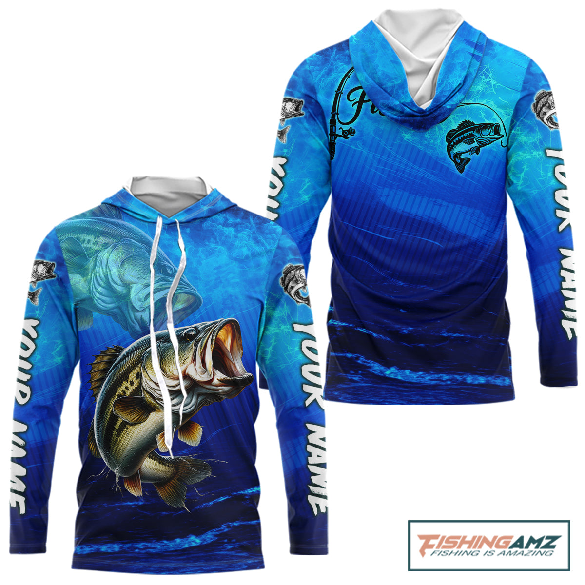 Custom Name Royal Blue Bass Fishing Jersey - Personalized 3D Long Sleeve Hooded Fishing Shirt