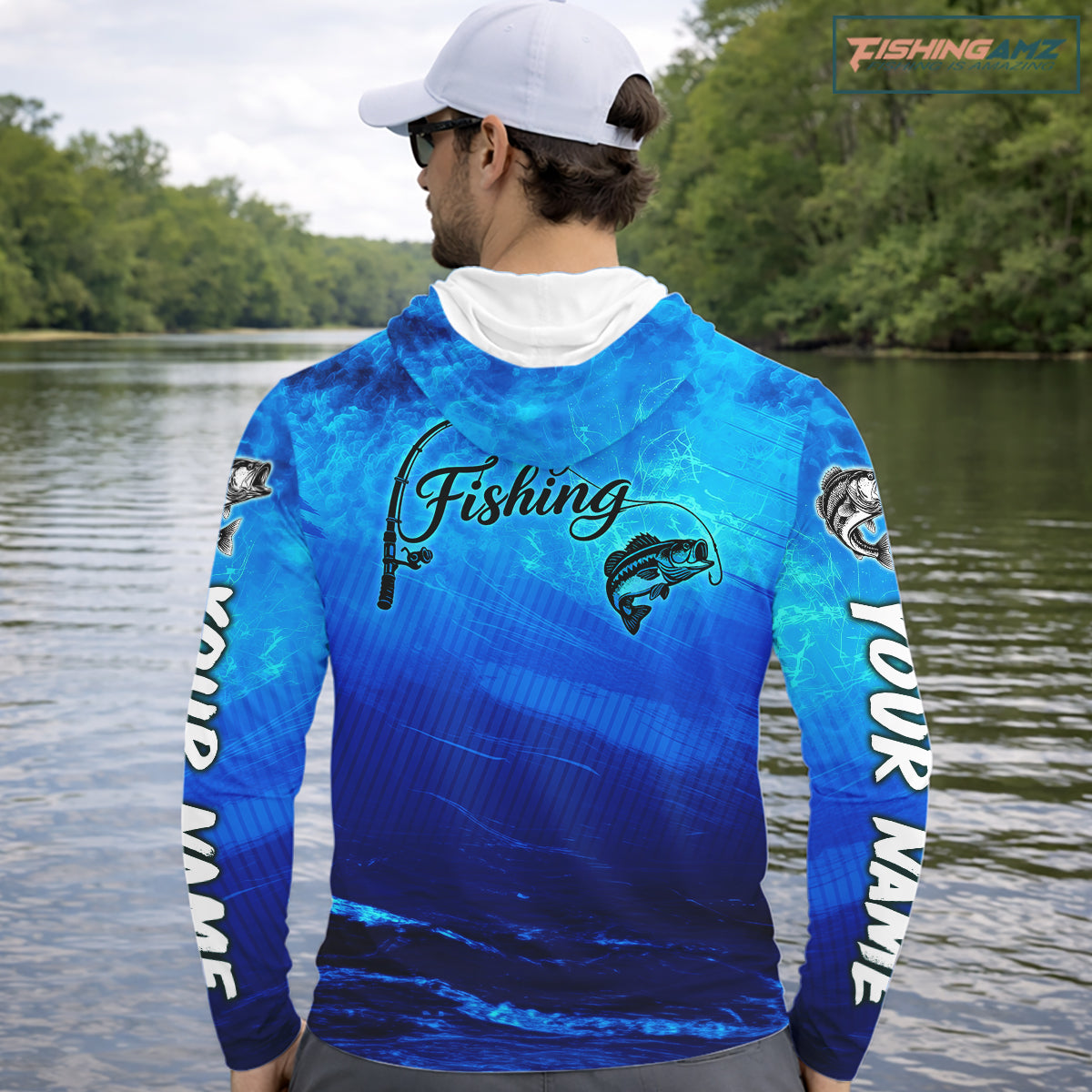 Men Wearing Custom Name Royal Blue Bass Fishing Jersey - Personalized 3D Long Sleeve Hooded Fishing Shirt