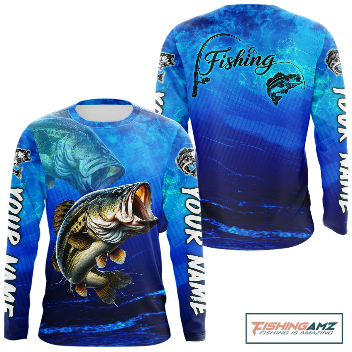 Custom Name Royal Blue Bass Fishing Jersey - Personalized 3D Long Sleeve Fishing Shirt