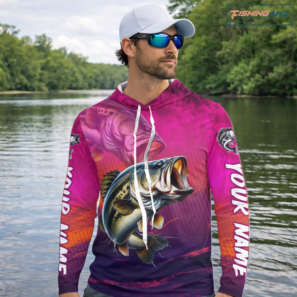 Custom Name Hot Pink Bass Fishing Jersey - Personalized 3D Long Sleeve Hooded Fishing Shirt