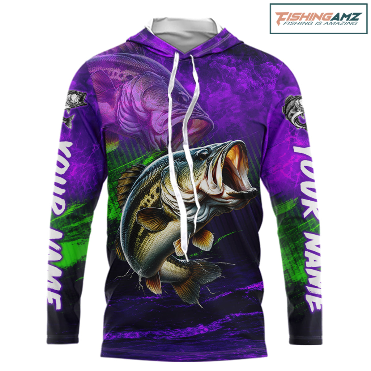 Custom Name Purple Lime Bass Fishing Jersey - Personalized 3D Long Sleeve Hooded Fishing Shirt