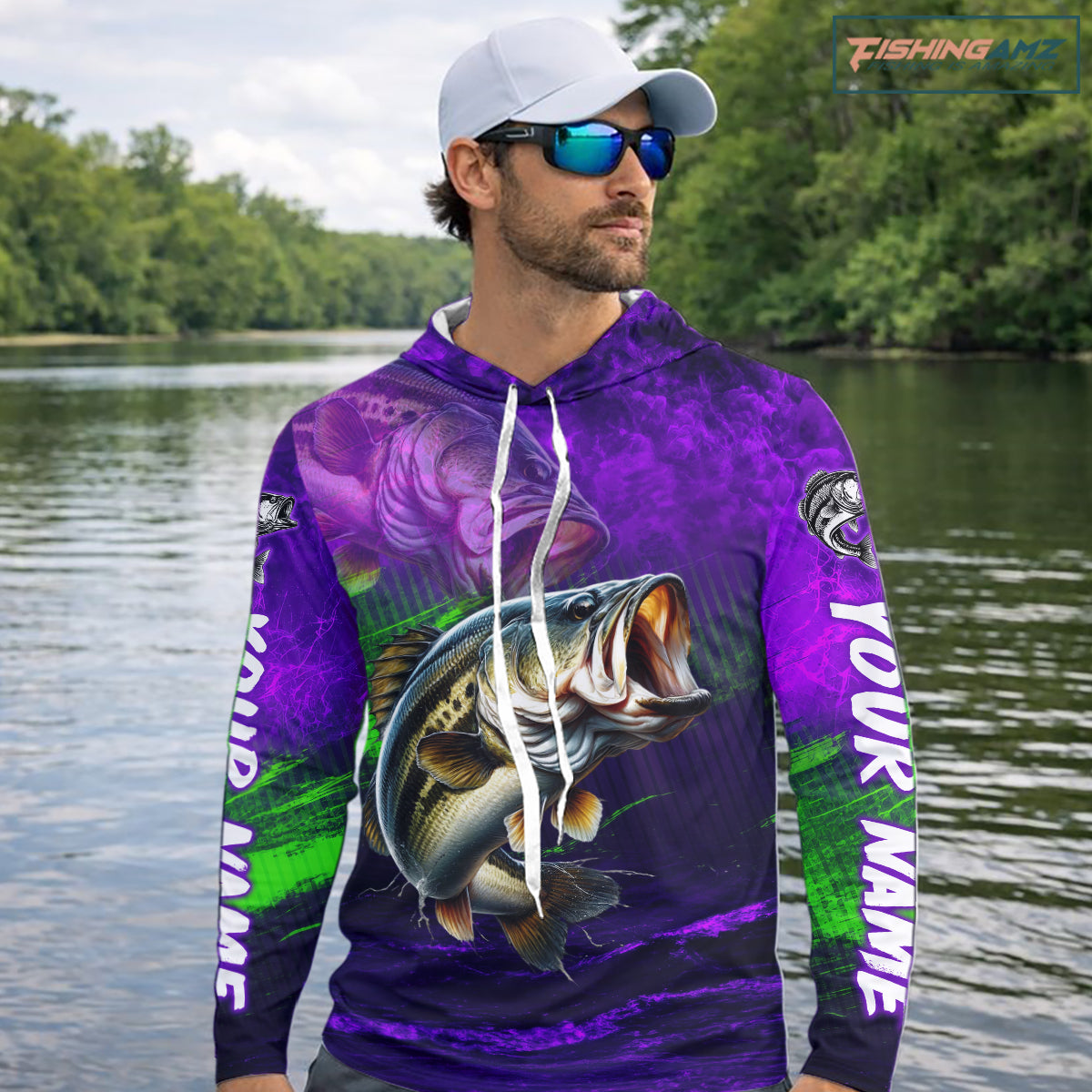 Custom Name Purple Lime Bass Fishing Jersey - Personalized 3D Long Sleeve Hooded Fishing Shirt