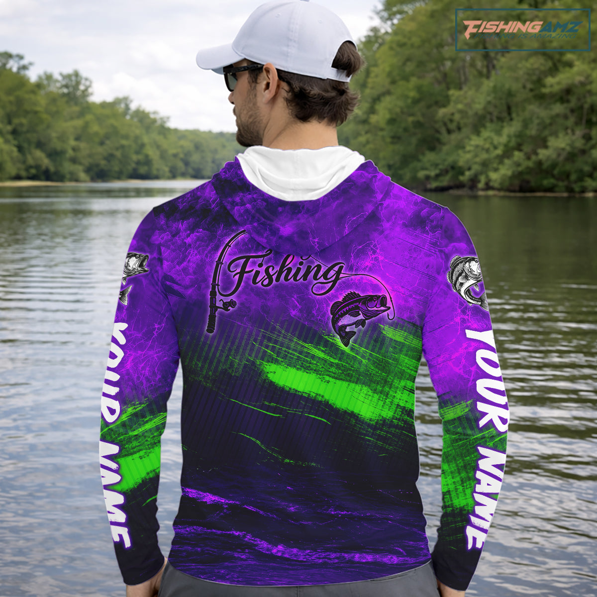 Custom Name Purple Lime Bass Fishing Jersey - Personalized 3D Long Sleeve Hooded Fishing Shirt