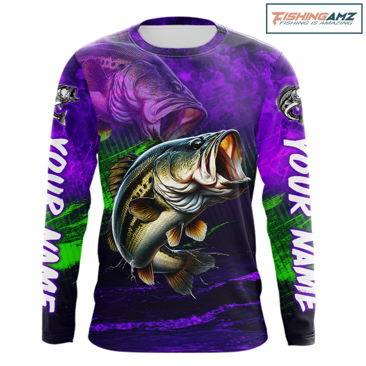 Custom Name Purple Lime Bass Fishing Jersey - Personalized 3D Long Sleeve Fishing Shirt