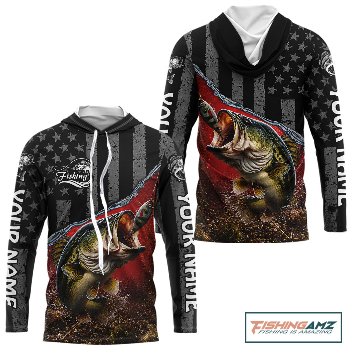 Gray Red Bass Custom Long Sleeve Hooded Fishing Shirts, Bass Fishing Jerseys
