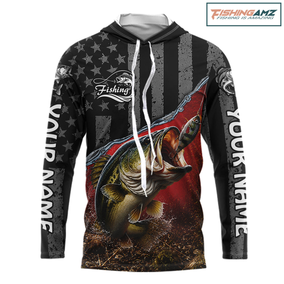 Gray Red Bass Custom Long Sleeve Hooded Fishing Shirts, Bass Fishing Jerseys