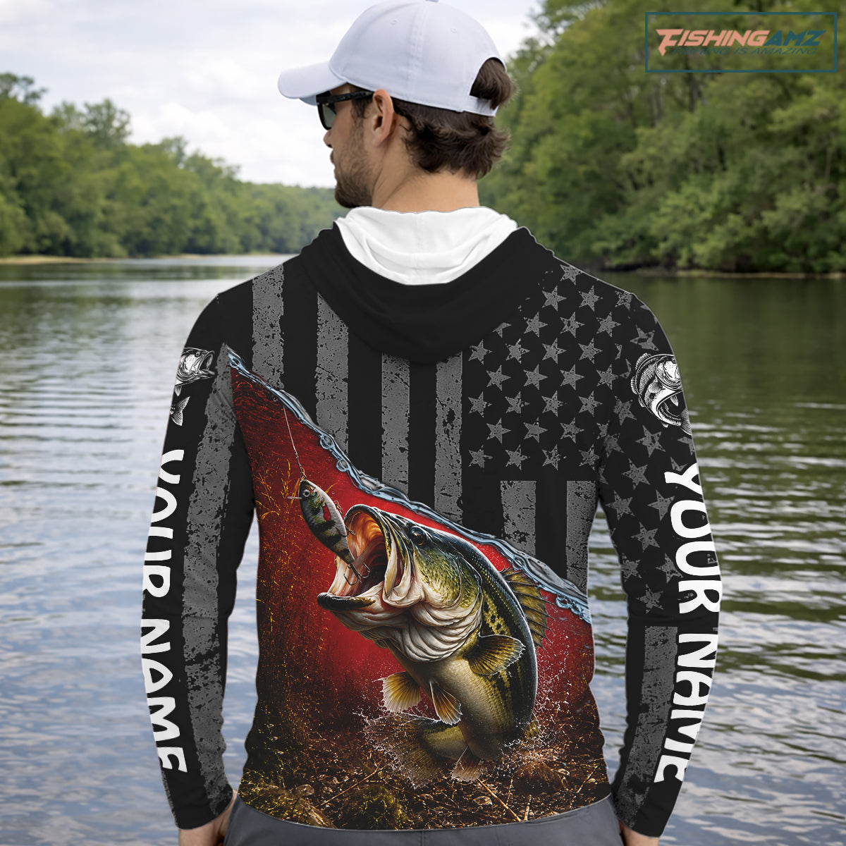 Gray Red Bass Custom Long Sleeve Hooded Fishing Shirts, Bass Fishing Jerseys