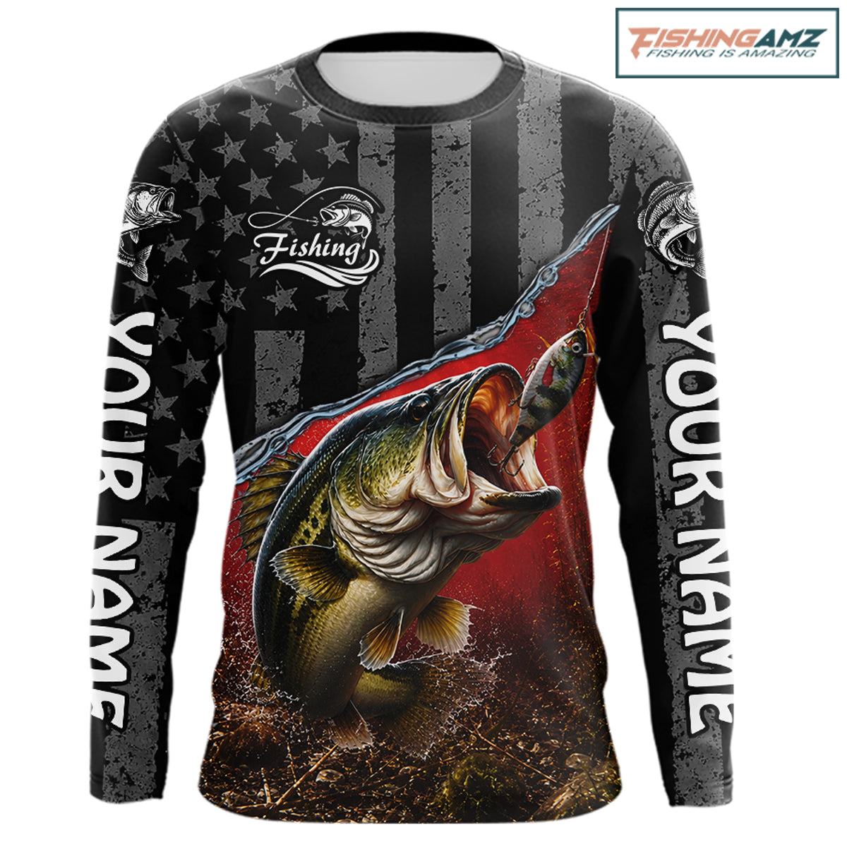 Gray Red Bass Custom Long Sleeve Fishing Shirts, Bass Fishing Jerseys