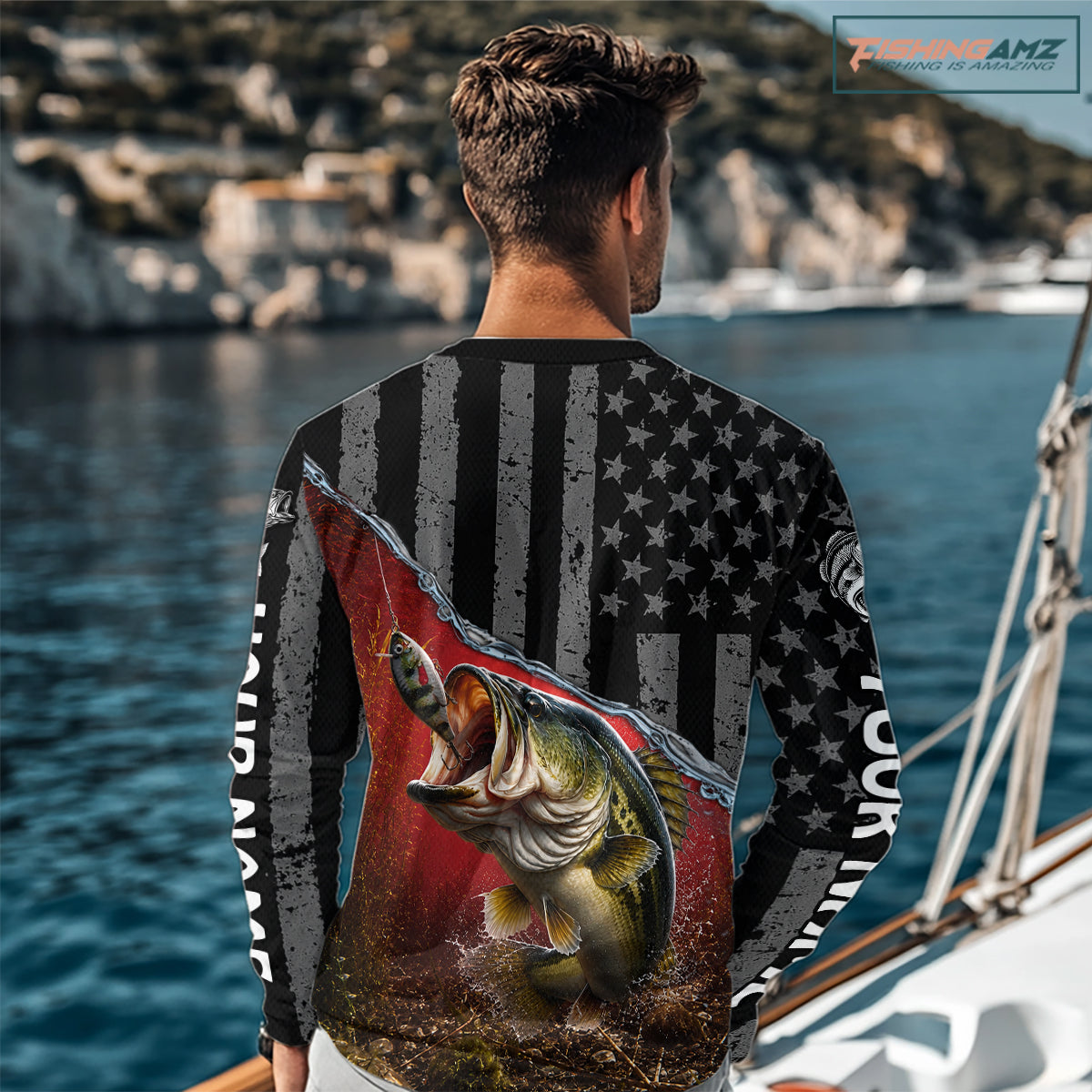 Gray Red Bass Custom Long Sleeve Fishing Shirts, Bass Fishing Jerseys