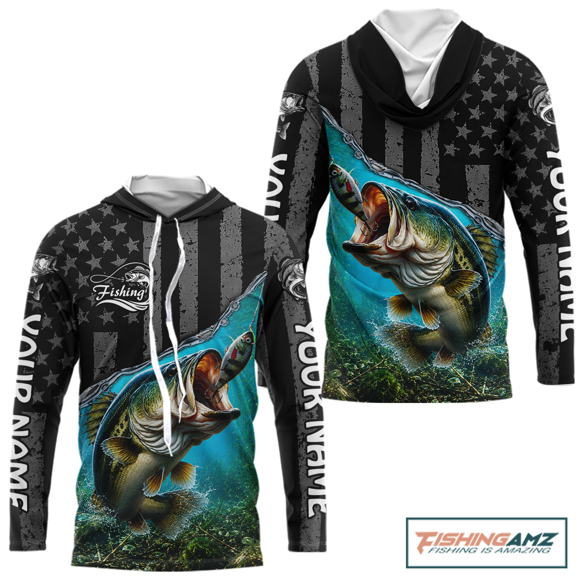 Gray Blue Bass Custom Long Sleeve Hooded Fishing Shirts, Bass Fishing Jerseys