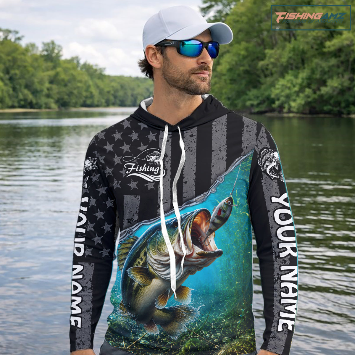 Gray Blue Bass Custom Long Sleeve Hooded Fishing Shirt, American Flag Patriotic Bass Fishing Jerseys NHT973