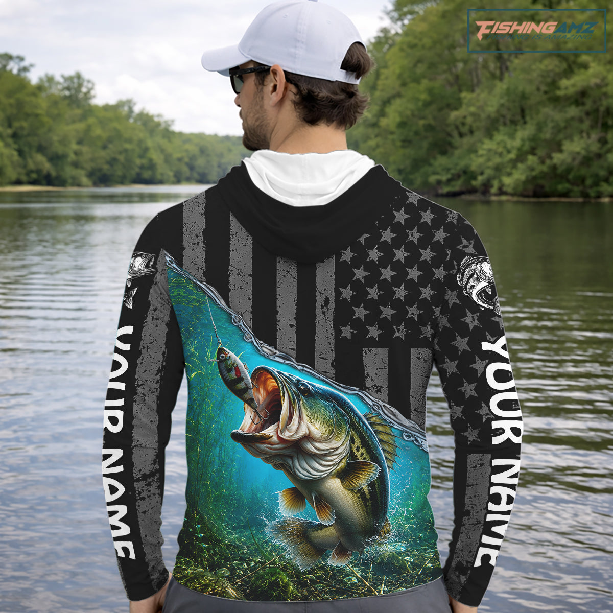 Gray Blue Bass Custom Long Sleeve Hooded Fishing Shirts, Bass Fishing Jerseys