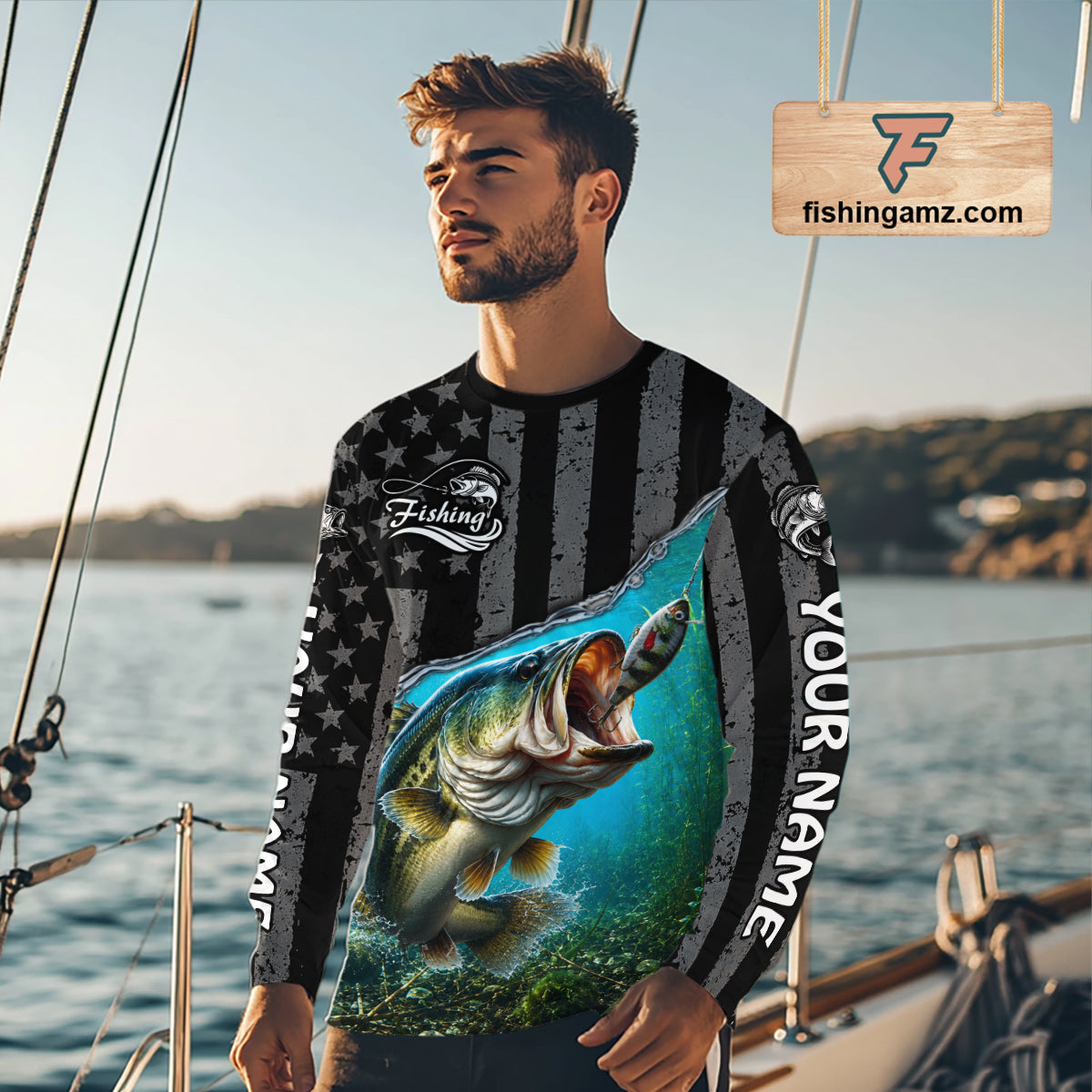 Gray Blue Bass Custom Long Sleeve Fishing Shirts, Bass Fishing Jerseys