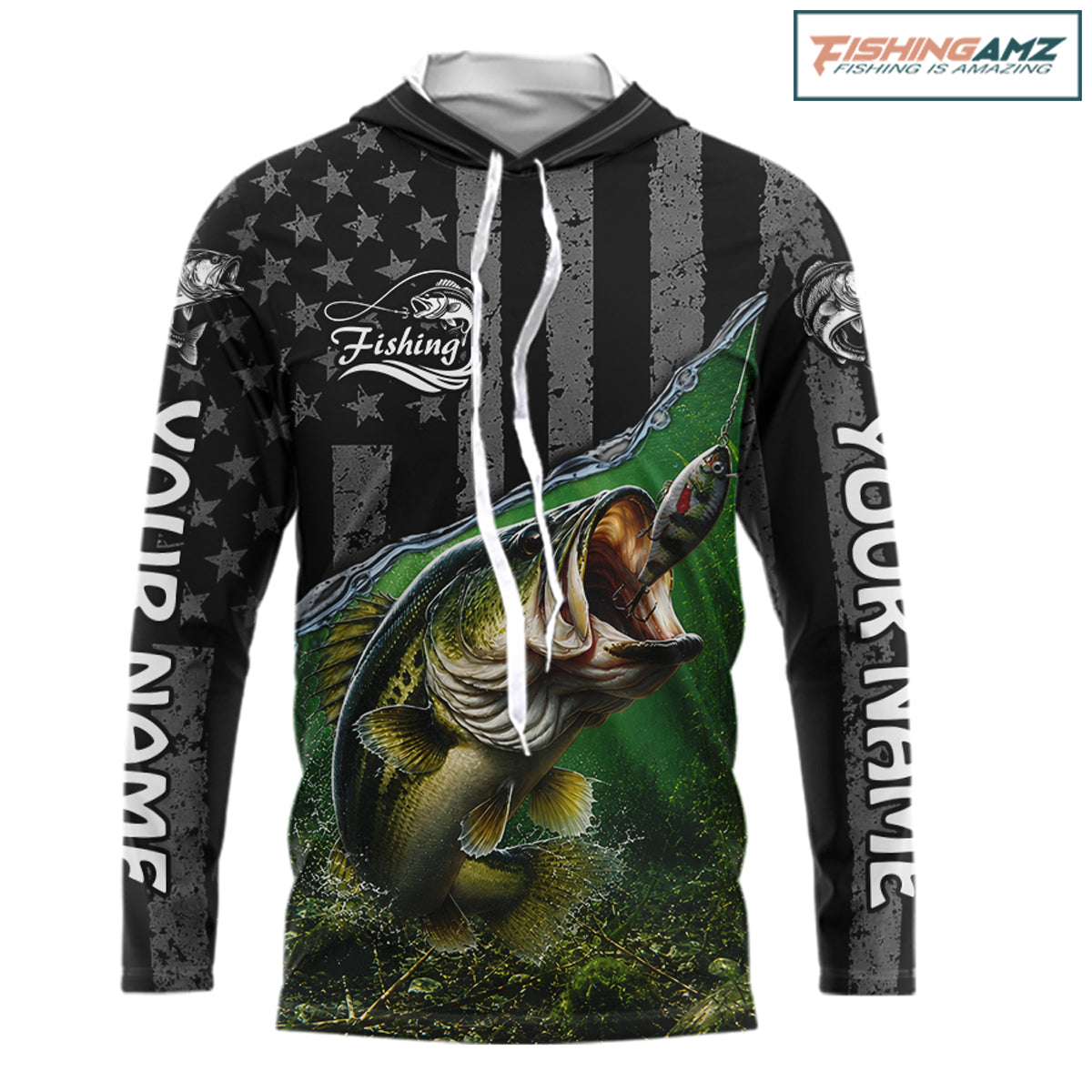Gray Green Bass Custom Long Sleeve Hooded Fishing Shirts, Bass Fishing Jerseys