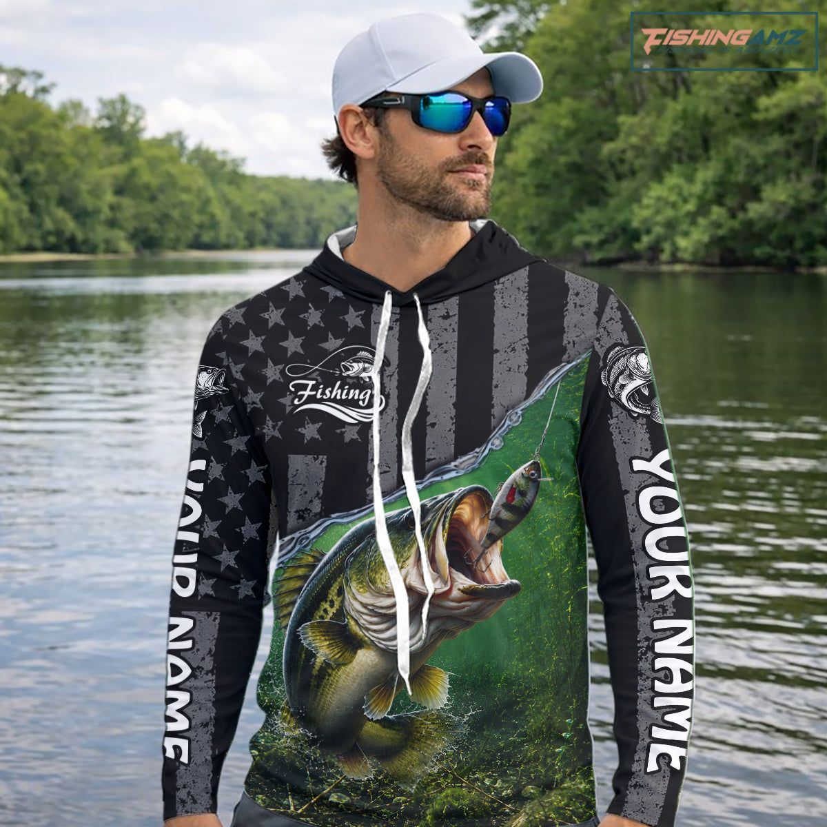 Gray Green Bass Custom Long Sleeve Hooded Fishing Shirts, Bass Fishing Jerseys