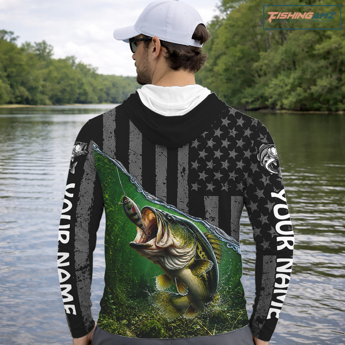 Gray Green Bass Custom Long Sleeve Hooded Fishing Shirts, Bass Fishing Jerseys