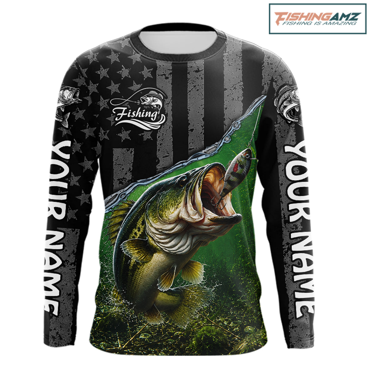Gray Green Bass Custom Long Sleeve Fishing Shirts, Bass Fishing Jerseys
