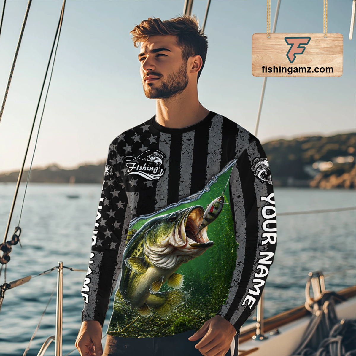 Gray Green Bass Custom Long Sleeve Fishing Shirts, Bass Fishing Jerseys