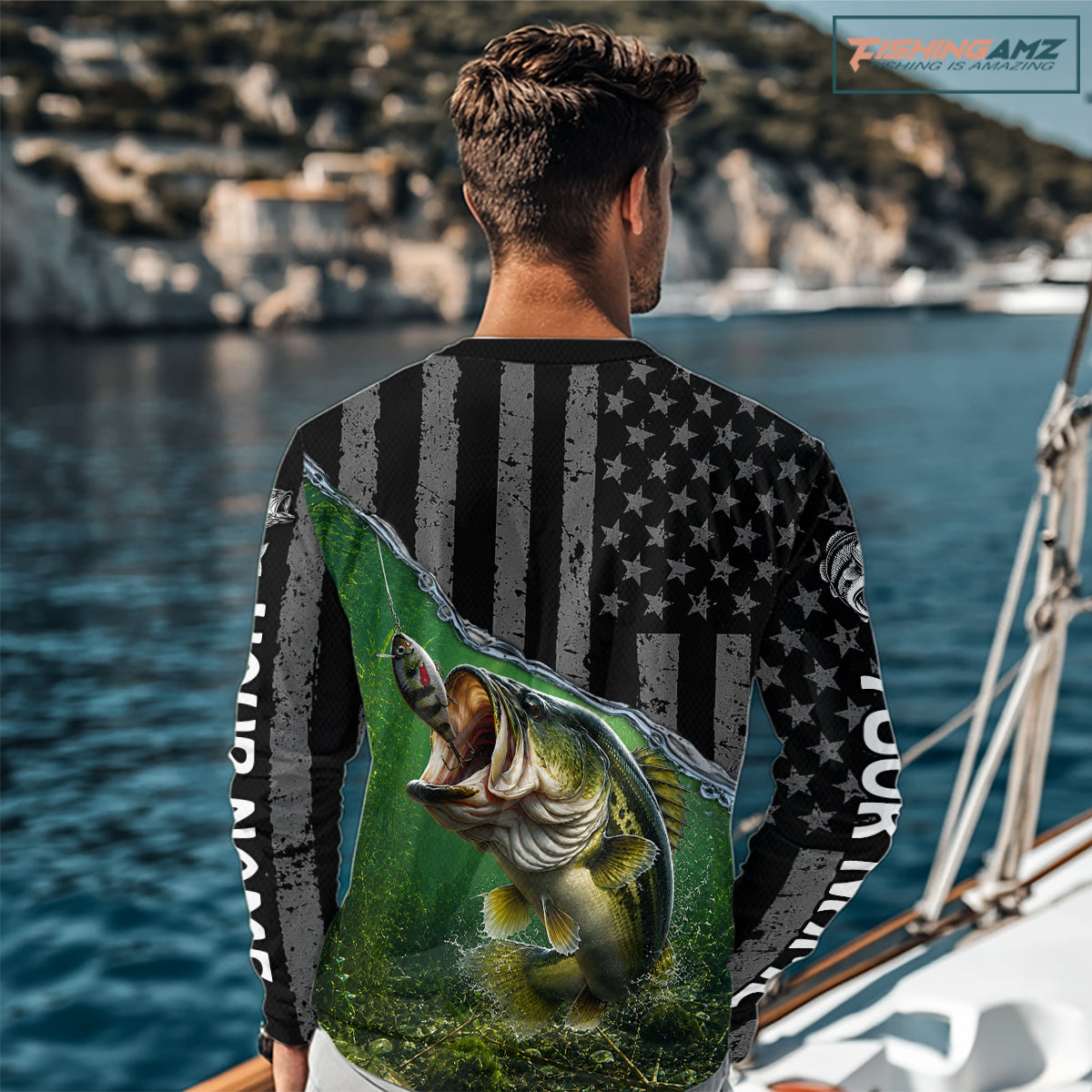 Gray Green Bass Custom Long Sleeve Fishing Shirts, Bass Fishing Jerseys