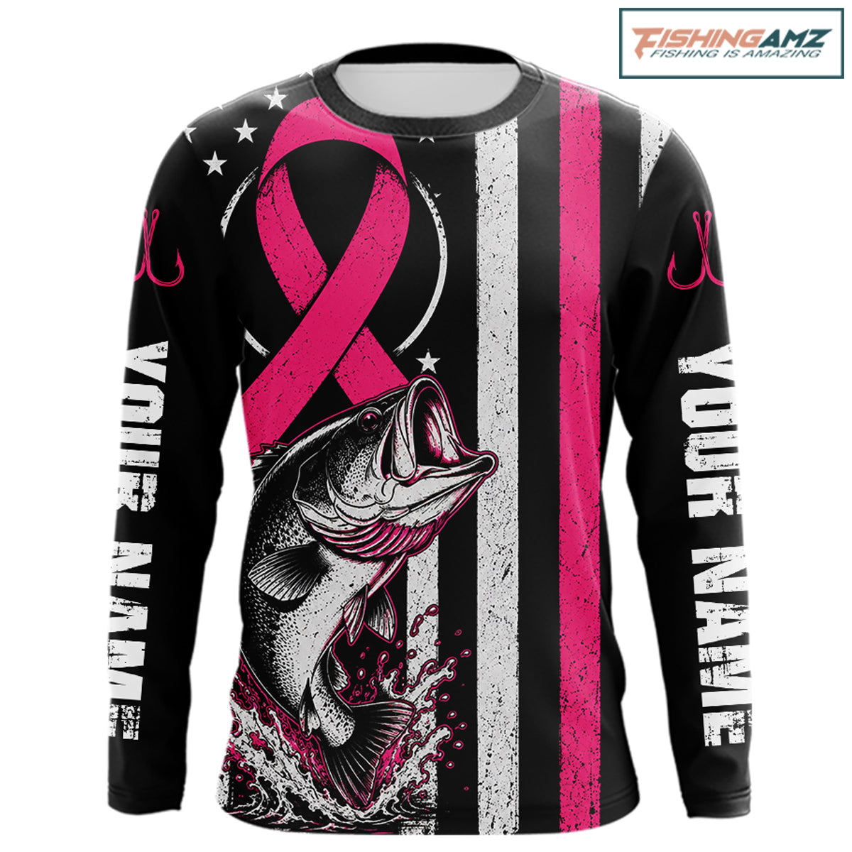 A long-sleeve black graphic shirt featuring a pink awareness ribbon, a fish illustration, distressed white and pink vertical stripes, and 'YOUR NAME' printed down both sleeves. A 'FISHINGAMZ logo is visible in the top right corner.