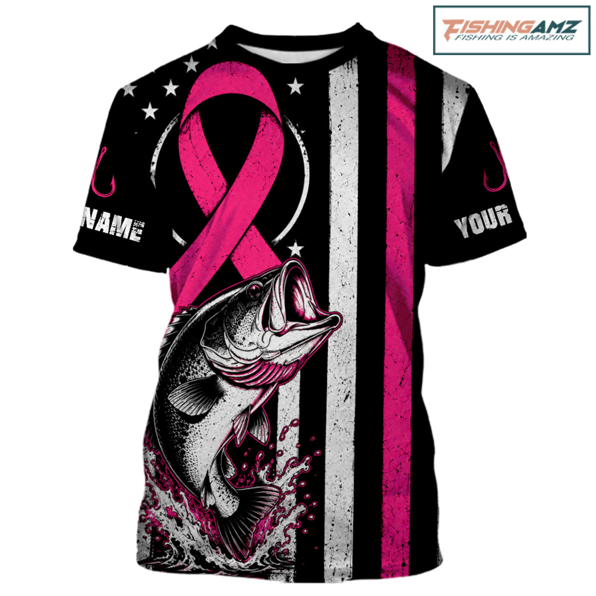A customizable short-sleeve t-shirt with a black, white, and pink patriotic design featuring a jumping fish, a pink ribbon, and vertical stripes. The shirt includes placeholder text 'NAME' and 'YOUR' on the sleeves, and a 'FISHINGAMZ' logo is visible in the top right corner.