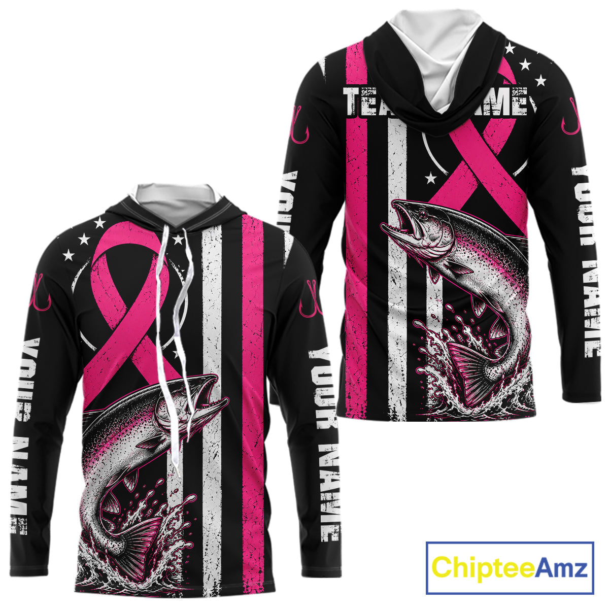 A black long-sleeve hoodie with a pink ribbon and fish graphic, featuring white text on the sleeves and a vertical black, white, and pink stripe design on the front.