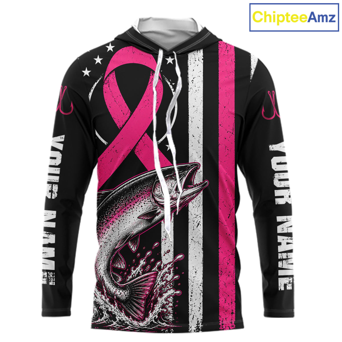 A black long-sleeve hoodie with a pink ribbon and fish graphic, featuring white text on the sleeves and a vertical black, white, and pink stripe design on the front.