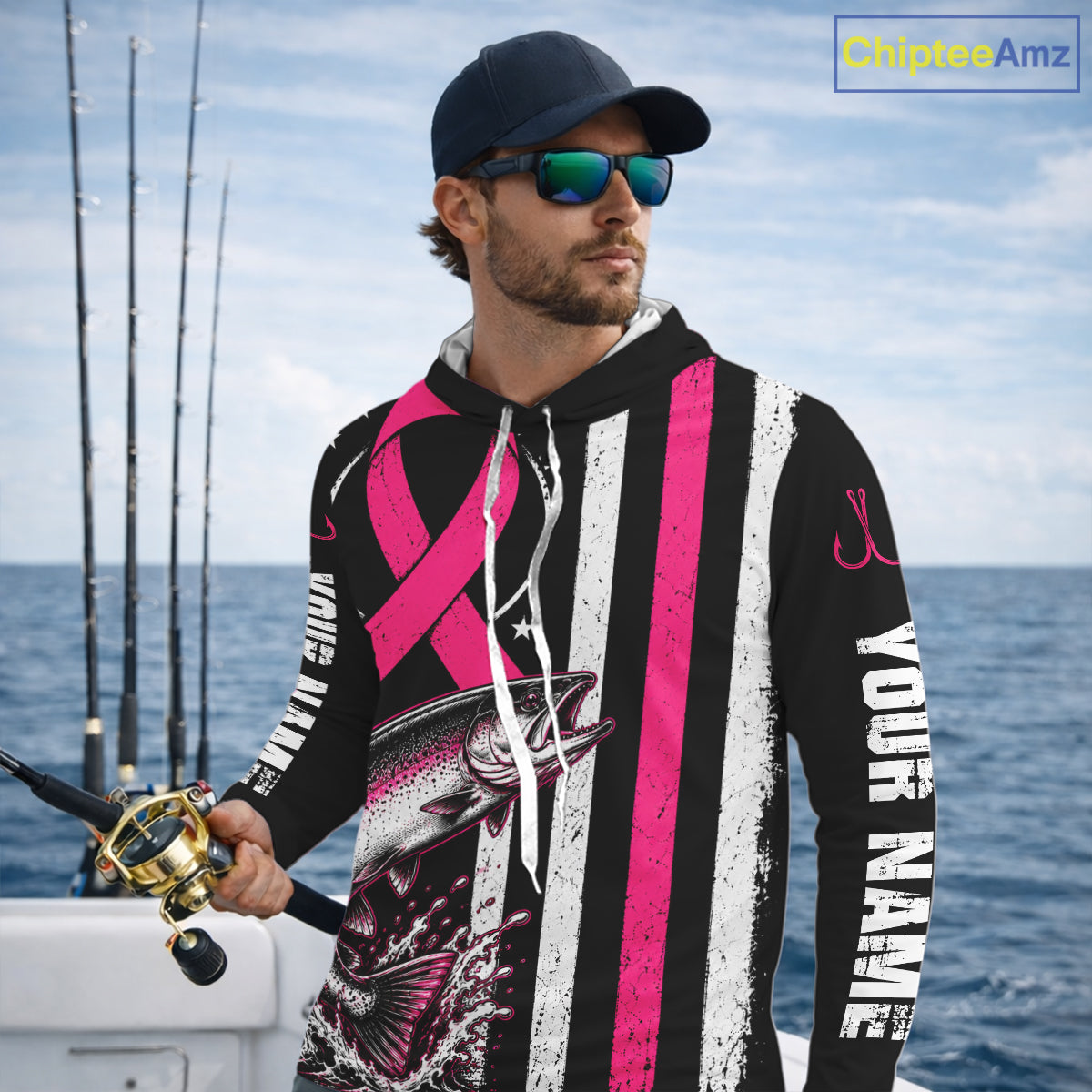 Breast Cancer Awareness Chinook Salmon Fishing Shirts Long Sleeve Hooded Personalized Custom Name NHT1291
