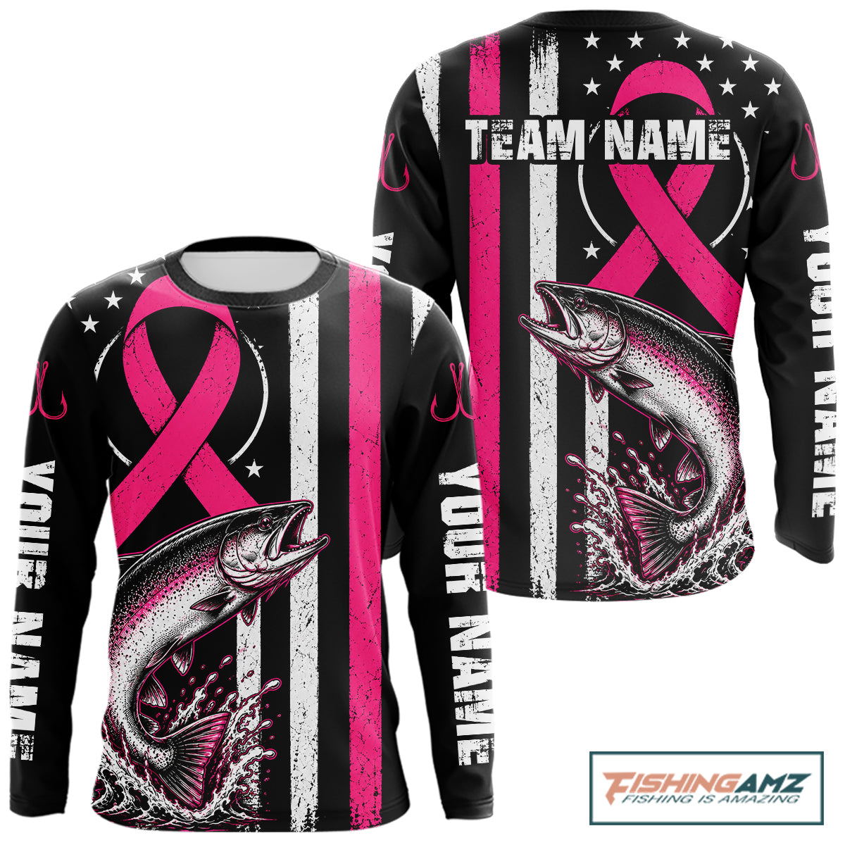 Front and back views of a long-sleeve custom fishing shirt on a white background. The shirt features a black base with vertical distressed white stripes, a large pink awareness ribbon, a detailed pink and white jumping fish graphic, and customizable text reading 'TEAM NAME' and 'YOUR NAME'.
