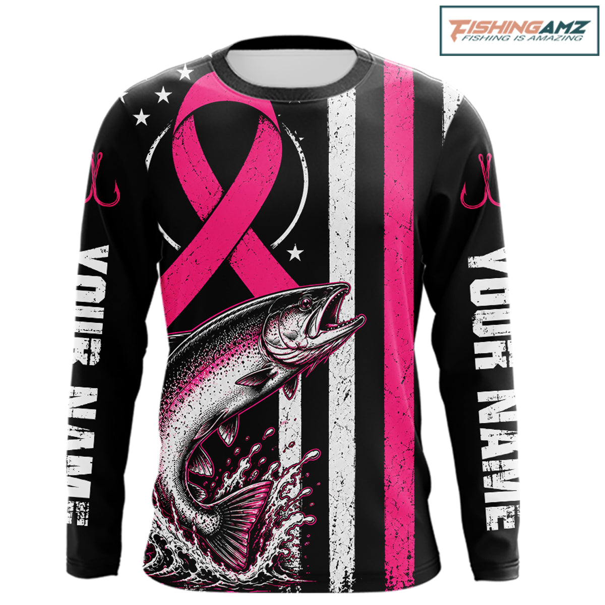 A long-sleeve black shirt with a pink ribbon and fish graphic, featuring vertical white text on the sleeves that reads 'YOUR NAME' and a pink vertical stripe