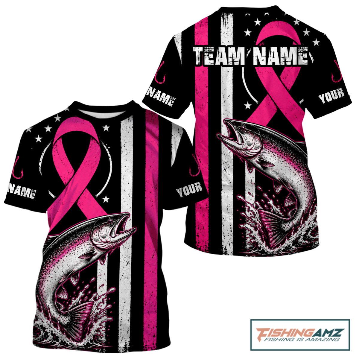 A customizable black short-sleeve t-shirt featuring a pink awareness ribbon, a leaping salmon graphic, and vertical distressed white and pink stripes. The shirt includes placeholder text 'NAME' and 'YOUR' on the sleeves, and a 'ChipteeAmz' logo is visible in the top right corner.