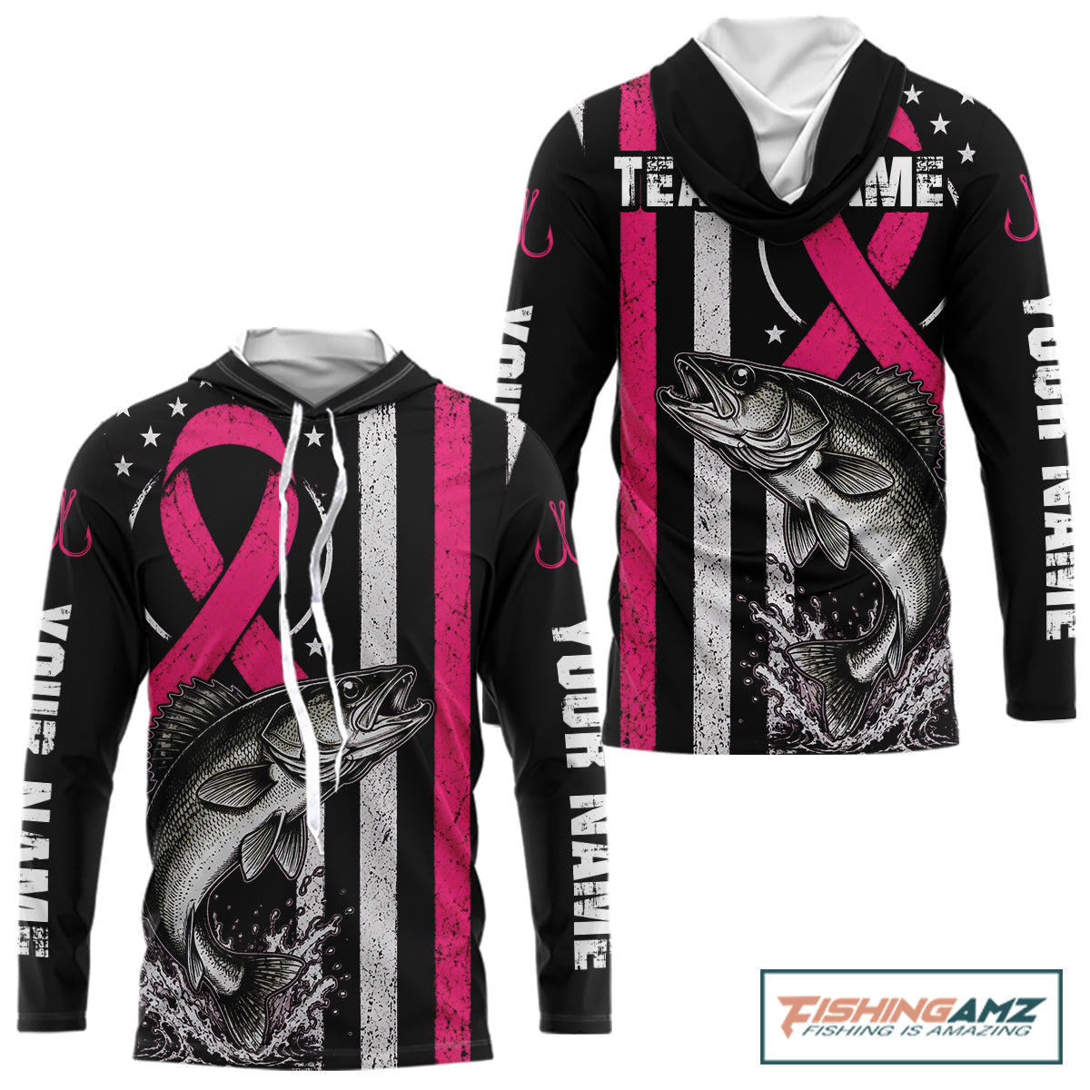 A black long-sleeve hoodie with a custom graphic print featuring a pink awareness ribbon, a fish, distressed white vertical stripes, and white text on the sleeves. The hood is lined with gray fleece.