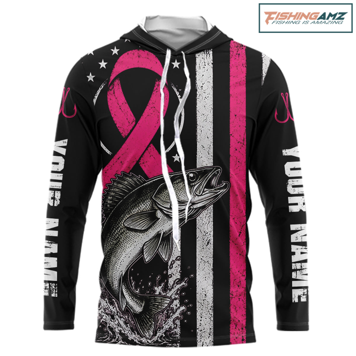 A black long-sleeve hoodie with a custom graphic print featuring a pink awareness ribbon, a fish, distressed white vertical stripes, and white text on the sleeves. The hood is lined with gray fleece.