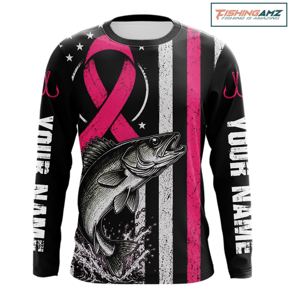 A long-sleeve black shirt with a pink awareness ribbon, a large fish graphic, distressed vertical white and pink stripes, and 'YOUR NAME' printed down both sleeves.