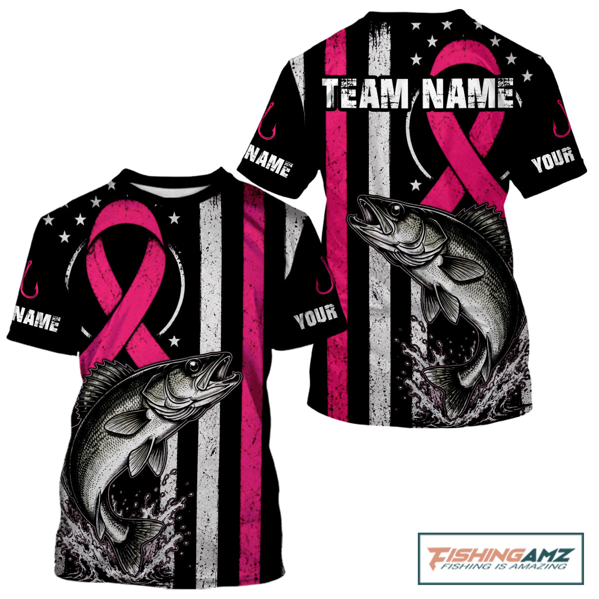A customizable short-sleeve t-shirt featuring a black background with a large pink awareness ribbon, a detailed black-and-white fish graphic, distressed vertical stripes, and placeholder text 'NAME' and 'YOUR' on the sleeves. A 'FISHINGAMZ" logo is visible in the top right corner.