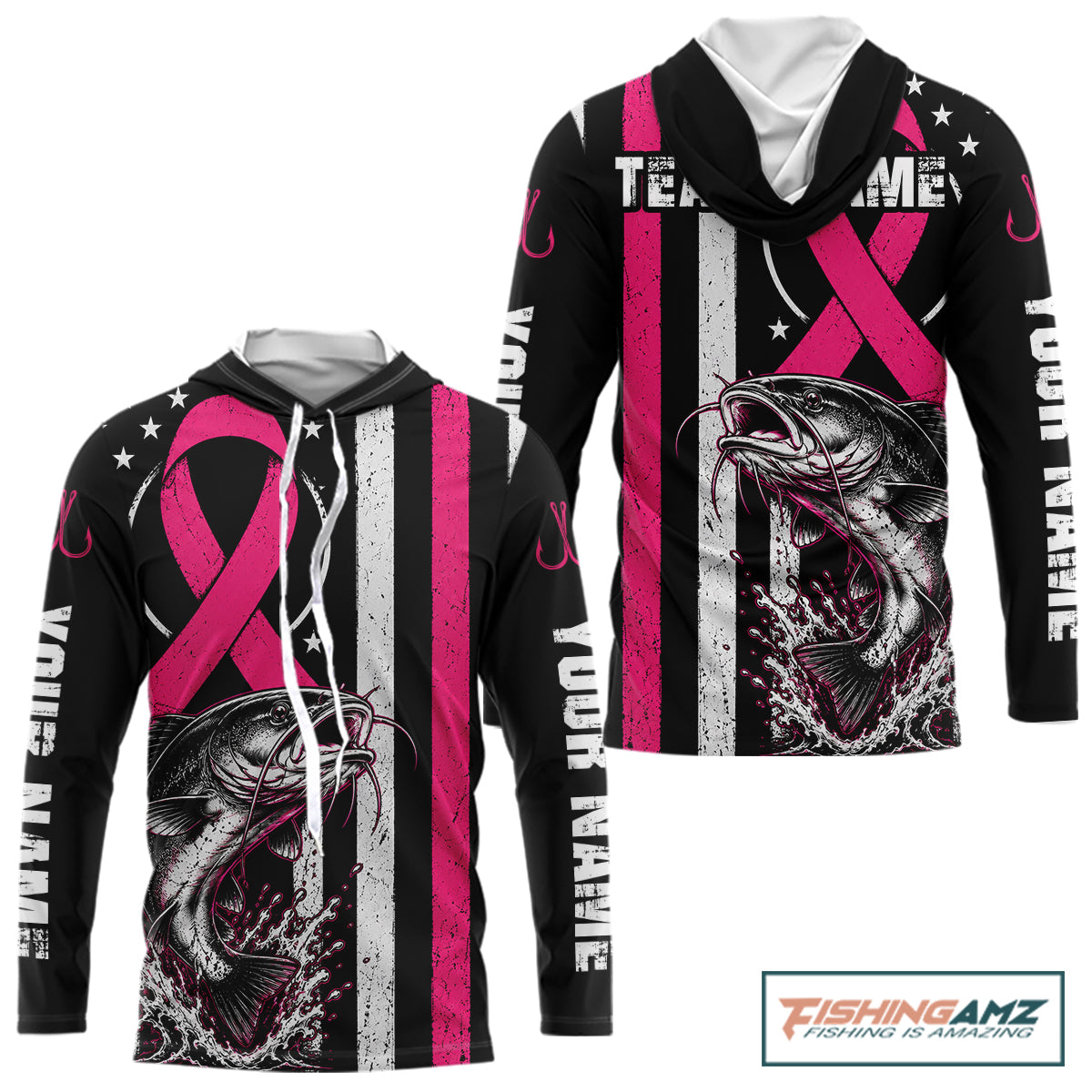 A black long-sleeve hoodie with a pink and white distressed design featuring a large pink ribbon, a fish graphic, white stars, and vertical text on the sleeves. The hood is open, showing a gray interior lining.
