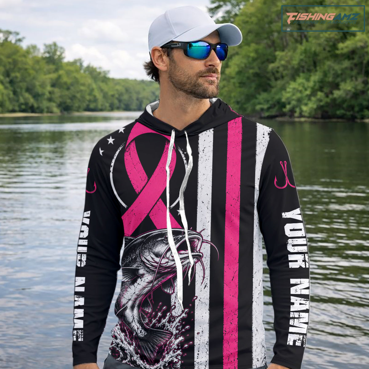 Breast Cancer Awareness Catfish Fishing Shirts Long Sleeve Hooded Personalized Custom Name NHT1293
